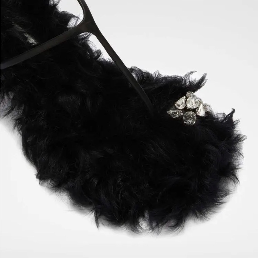 New! Jil Sander Black Furry Sandals with Rhinestone Details - Picture 4 of 6